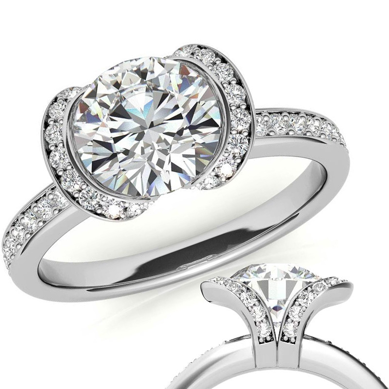 Unique Round and Emerald Bezel Halo Moissanite Engagement Ring - enr427 ...