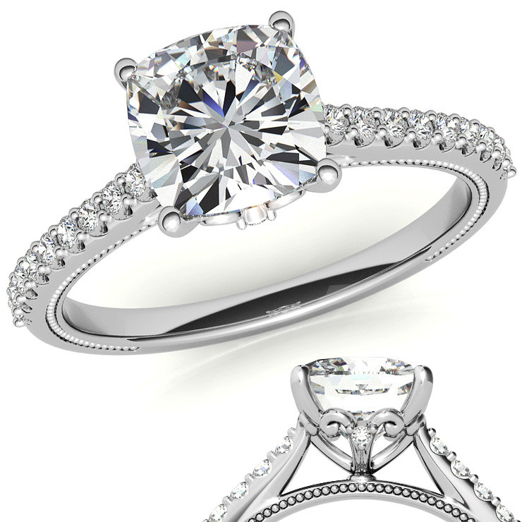 Cushion Moissanite Vintage Engagement Ring with Milgrain - enr149-cu ...