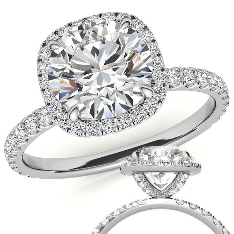 Round Brilliant Moissanite with Cushion Halo Engagement Ring - enr639 ...
