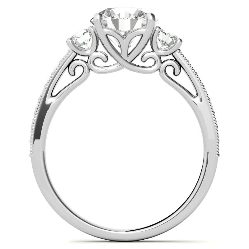 Round Brilliant Moissanite Three-Stone Scroll Accent Engagement Ring ...