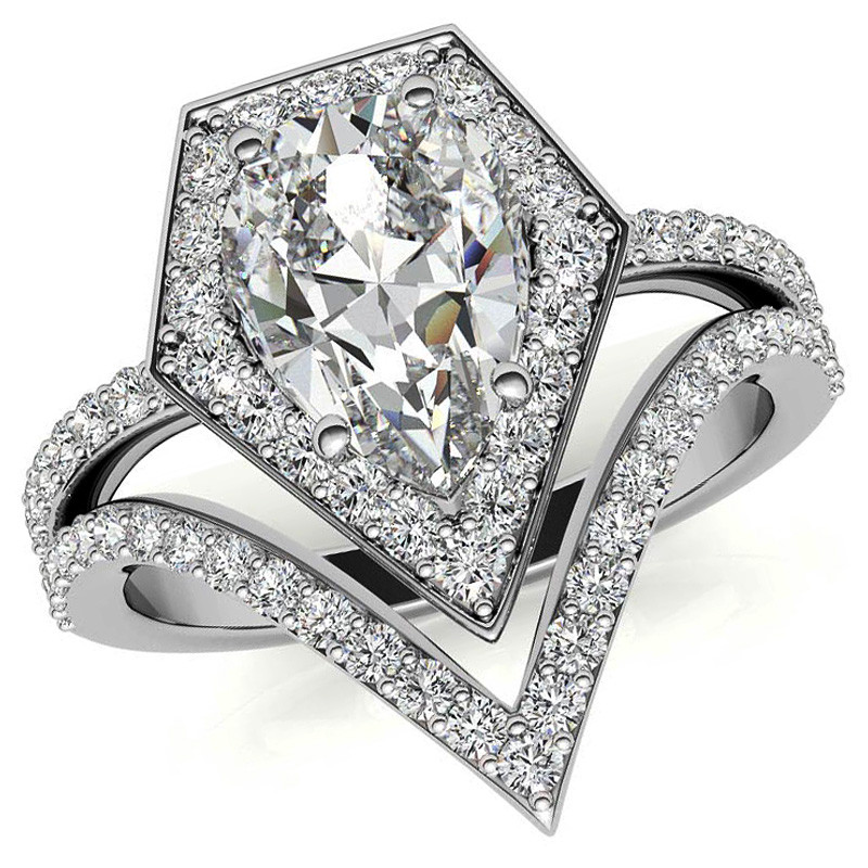 Unique Geometric Split Shank Pear Cut Halo Moissanite Engagement Ring ...