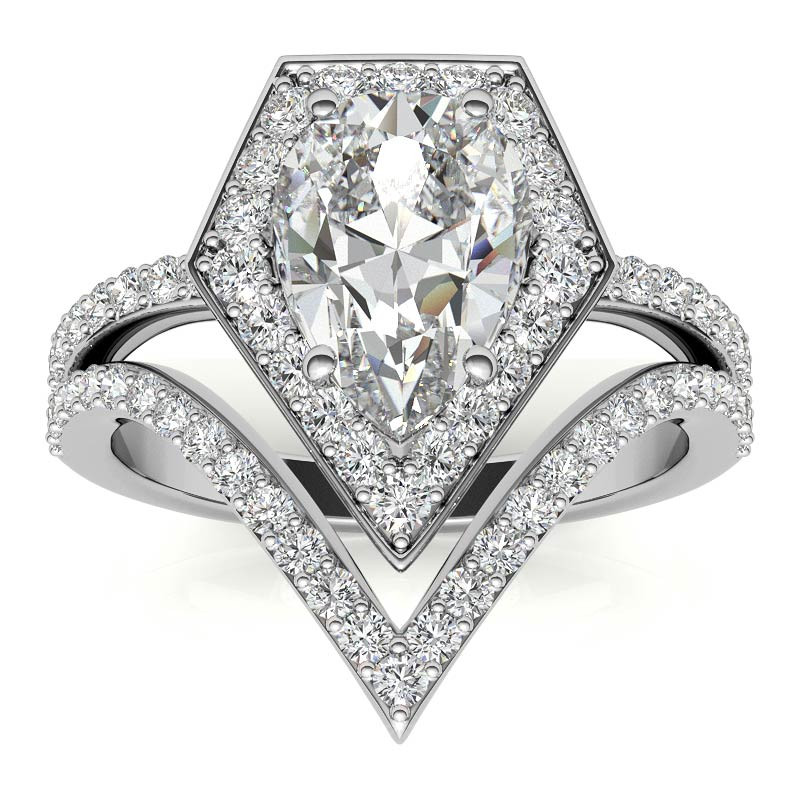 Unique Geometric Split Shank Pear Cut Halo Moissanite Engagement Ring ...