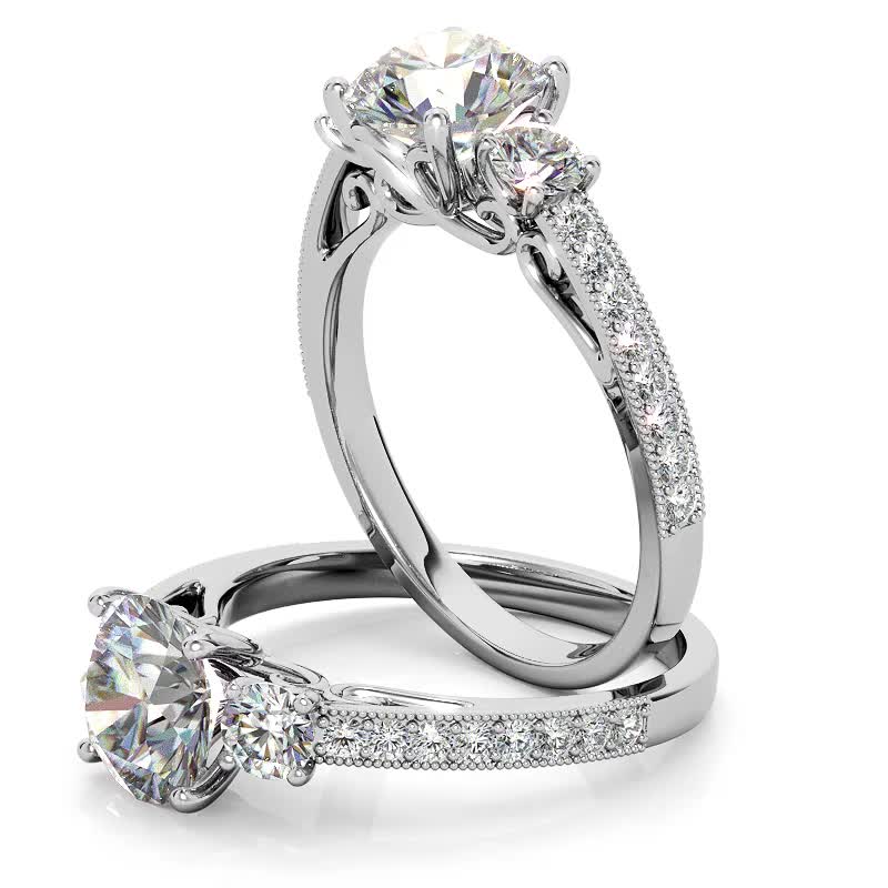 Round Brilliant Moissanite Three-Stone Scroll Accent Engagement Ring ...